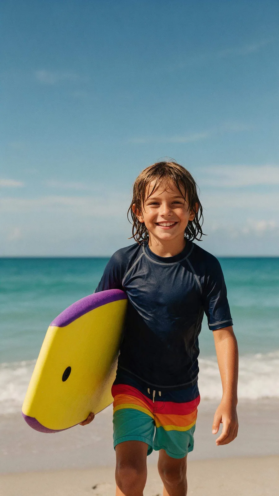 Child carrying a soft-top surfboard on a sunny Cocoa Beach morning